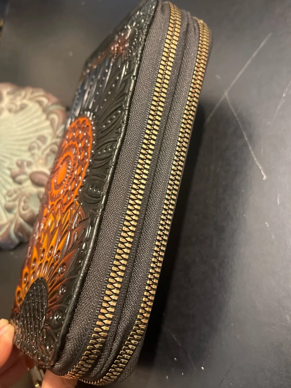 Embossed Floral Leather Zip Wallet - Black & Orange NWOT